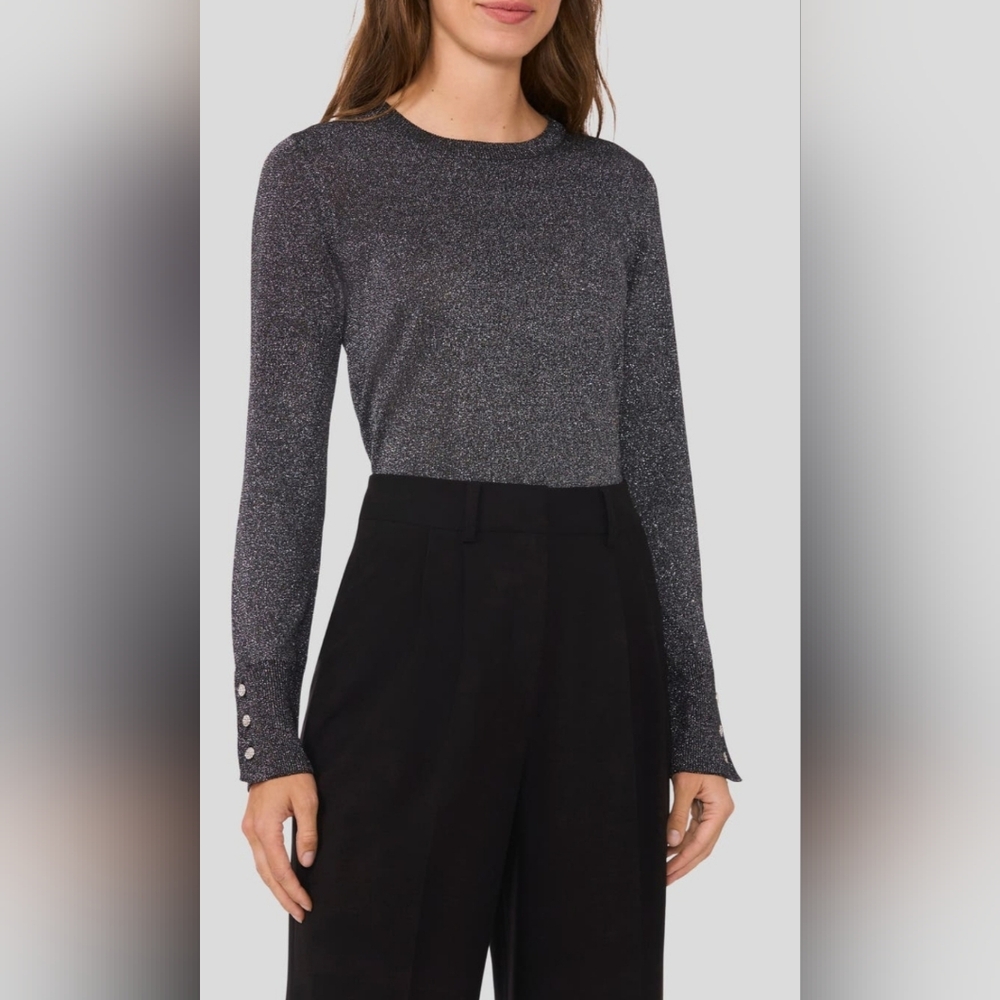 Halogen Sparkly Gray Sweater With Rhinestone Button Sleeves